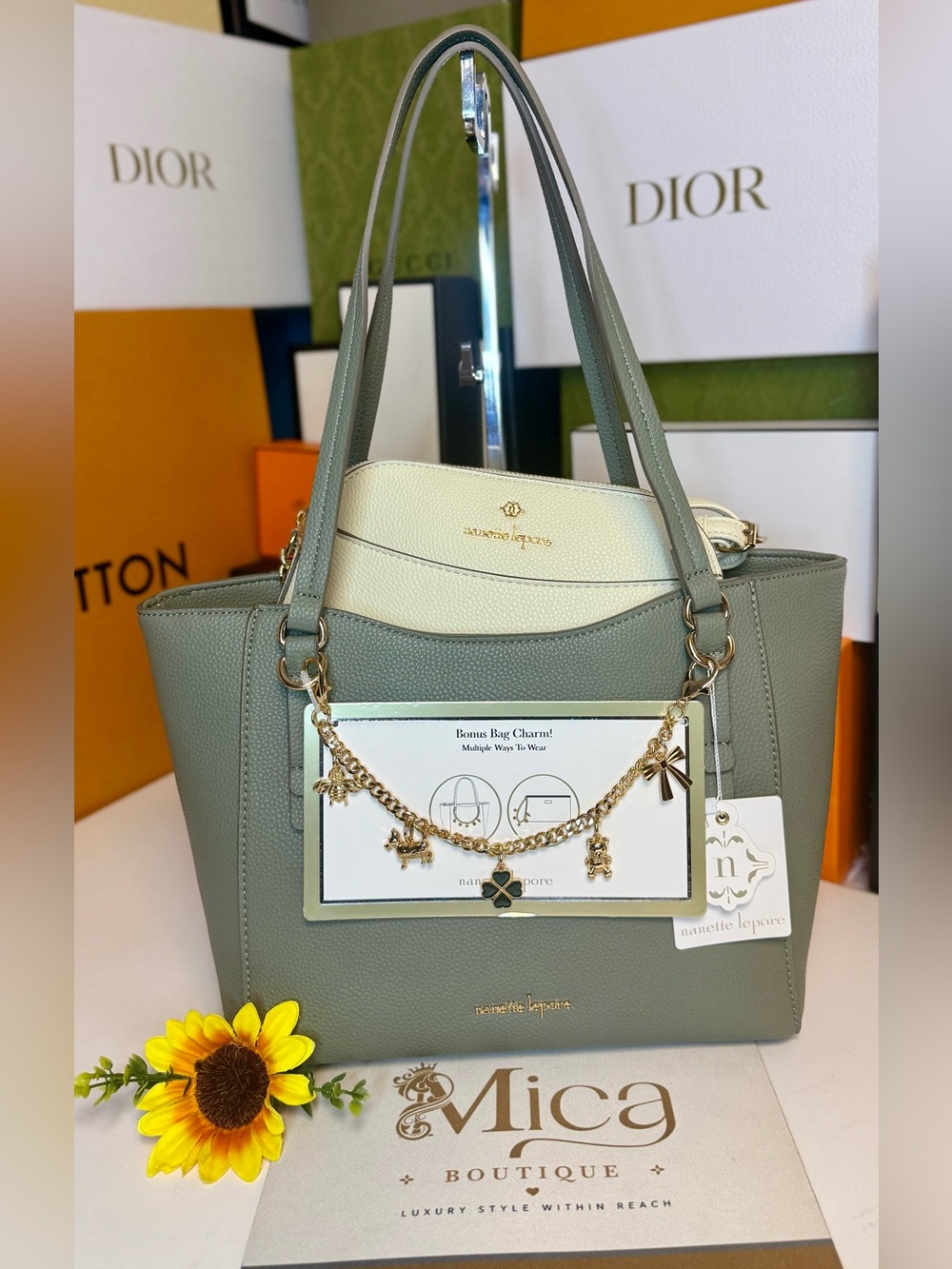 🆕NANETTE LEPORE Sage Green Tote Bag with Charm ~Set of 3~